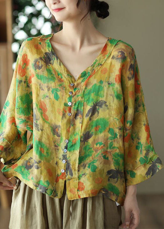 French Yellow V Neck Print Linen Shirts Summer