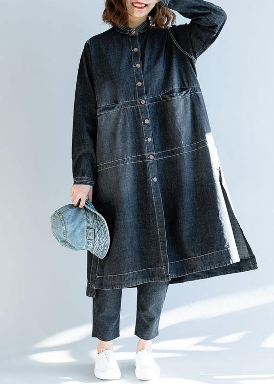 French denim black Fashion Long coats Work Outfits side open fall women coats - SooLinen