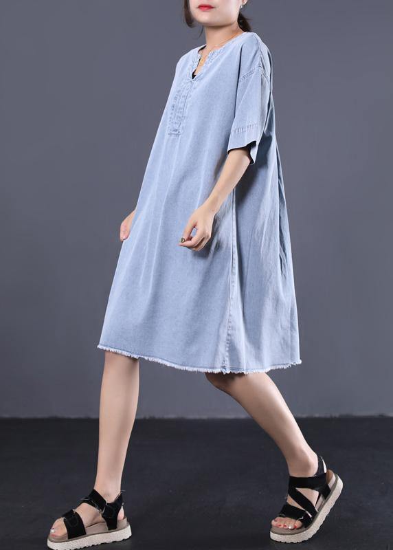 French denim blue Cotton quilting dresses v neck loose summer Dress - SooLinen