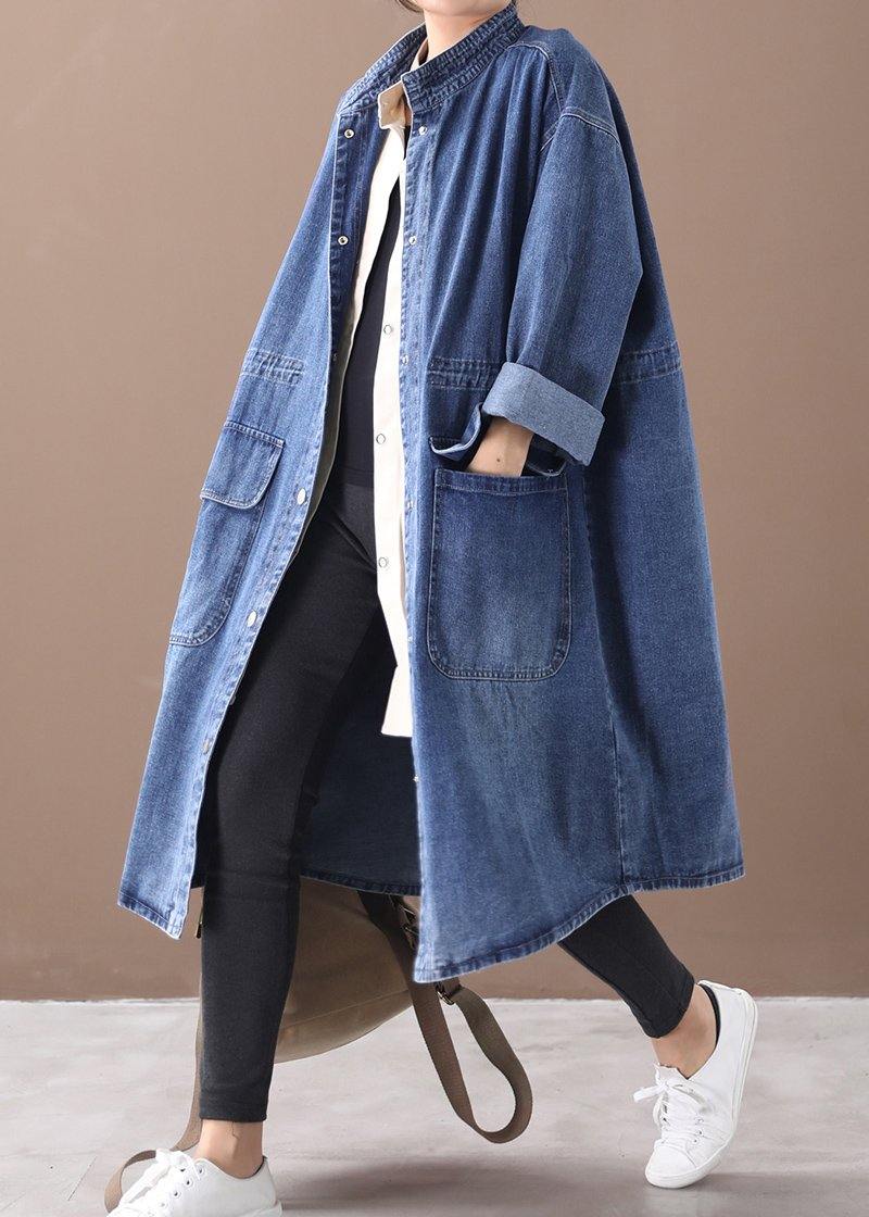 French denim blue Plus Size box coat Shape stand collar drawstring coat - SooLinen