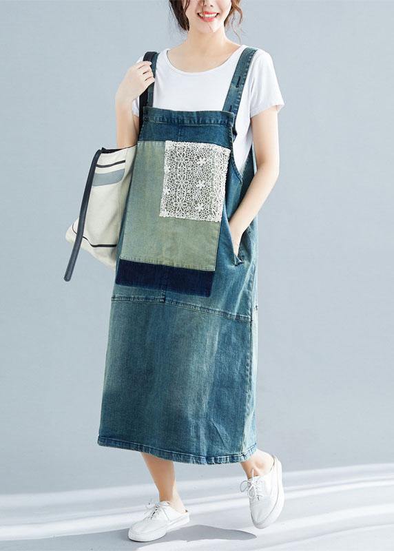 French denim blue cotton quilting dresses sleeveless cotton robes summer Dress - SooLinen