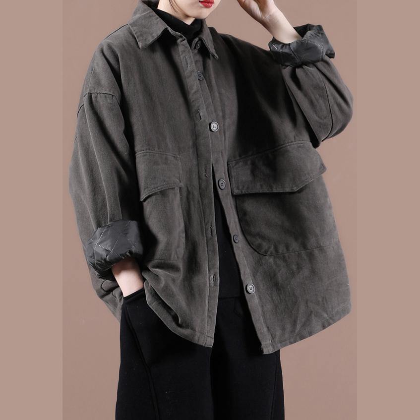 French gray Plus Size maxi coat Cotton lapel Button Down spring jackets - SooLinen