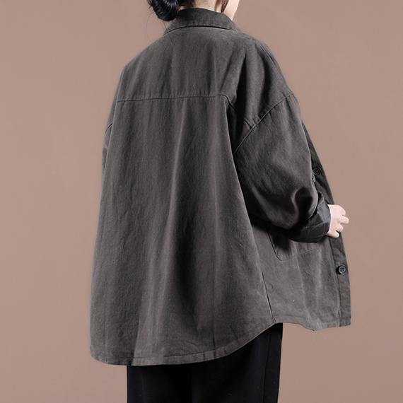 French gray Plus Size maxi coat Cotton lapel Button Down spring jackets - SooLinen