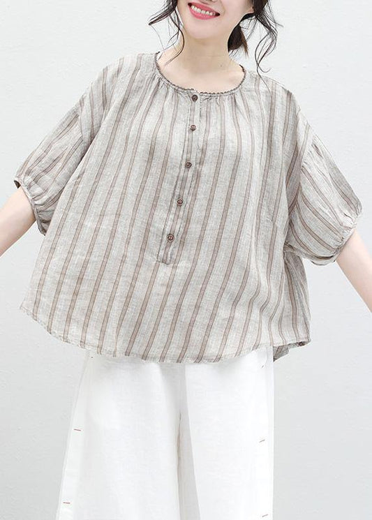 French half sleeve linen Blouse Sewing summer shirt khaki striped - SooLinen