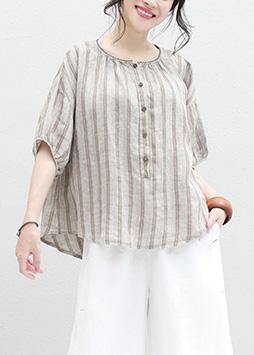 French half sleeve linen Blouse Sewing summer shirt khaki striped - SooLinen