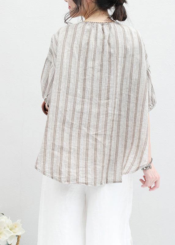 French half sleeve linen Blouse Sewing summer shirt khaki striped - SooLinen