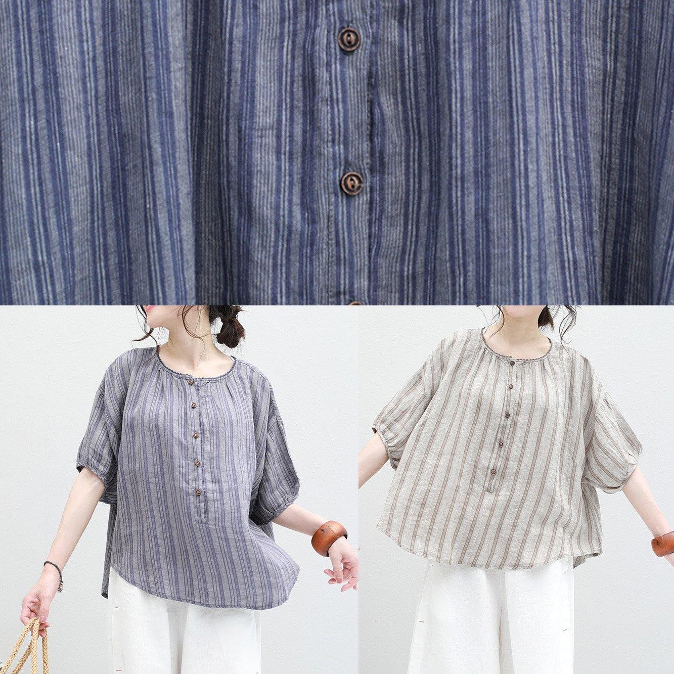 French half sleeve linen Blouse Sewing summer shirt khaki striped - SooLinen