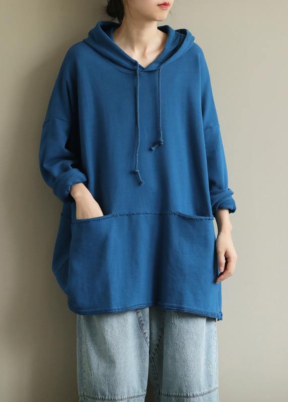 French hooded drawstring fall clothes For Women Fashion Ideas blue blouse - SooLinen