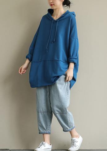 French hooded drawstring fall clothes For Women Fashion Ideas blue blouse - SooLinen