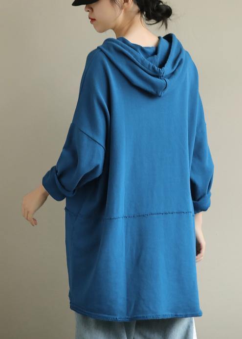 French hooded drawstring fall clothes For Women Fashion Ideas blue blouse - SooLinen