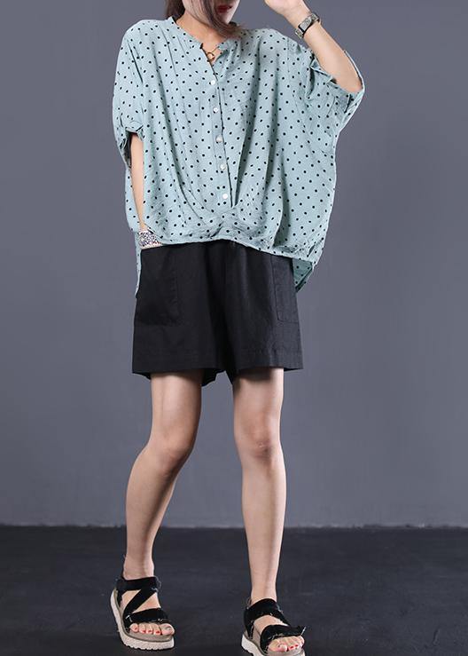 French light blue asymmetric dotted cotton shirts women v neck loose summer tops - SooLinen