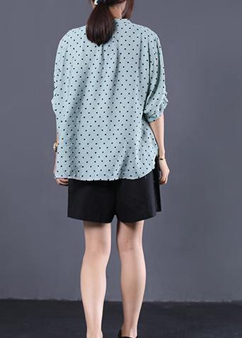 French light blue asymmetric dotted cotton shirts women v neck loose summer tops - SooLinen