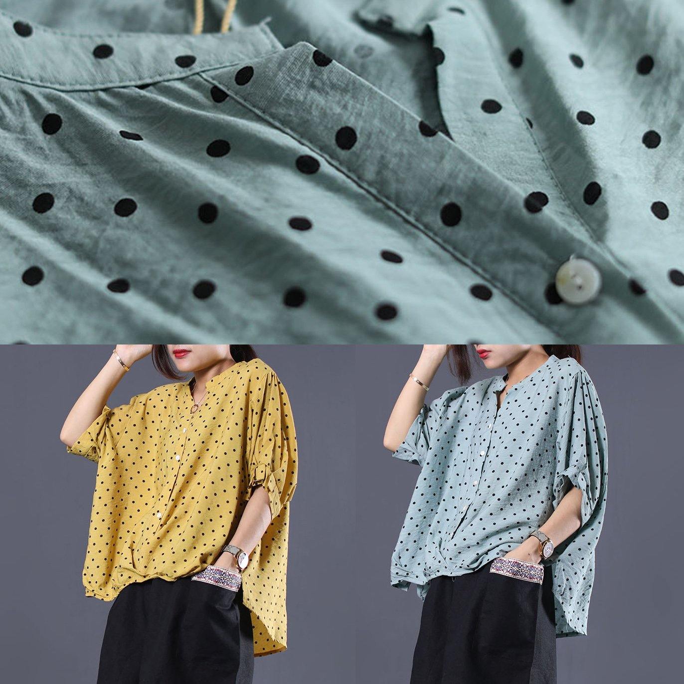 French light blue asymmetric dotted cotton shirts women v neck loose summer tops - SooLinen