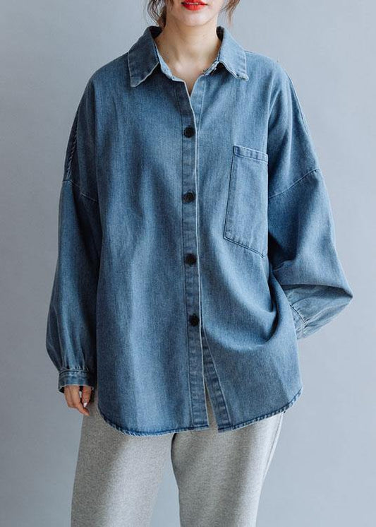 French low high design cotton shirts women pattern denim blue blouse fall - SooLinen