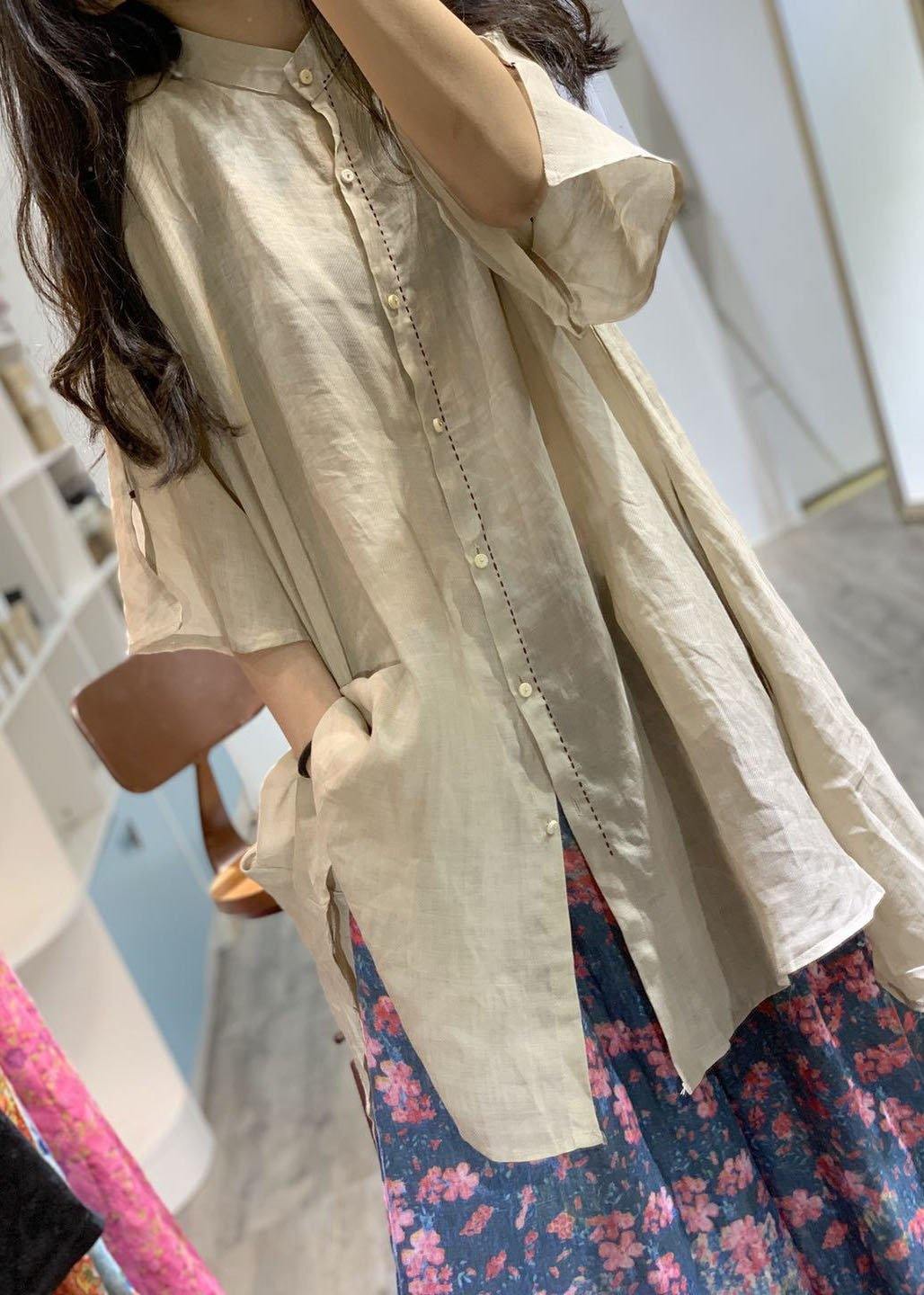 French nude stand collar linen clothes For Women low high design shirt Dress - SooLinen