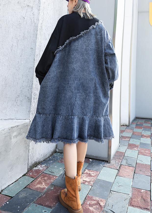 French o neck Ruffles Cotton tunic dress denim blue patchwork black Dress - SooLinen