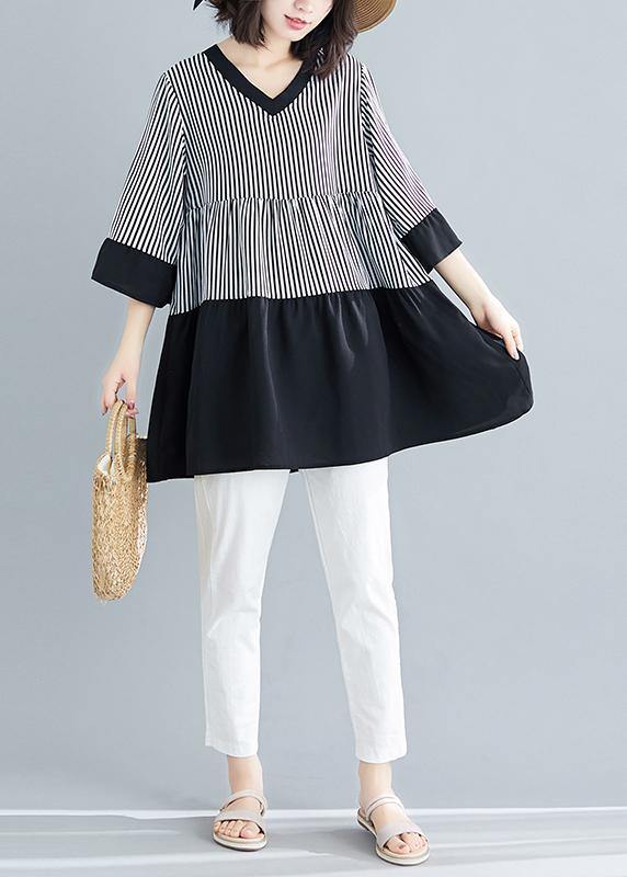 French patchwork flare sleeve chiffon clothes black striped loose Dresses Summer - SooLinen