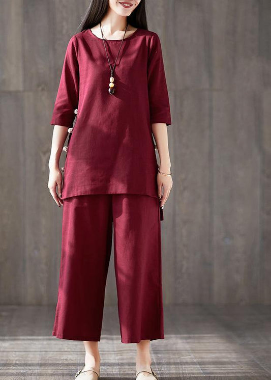 French red cotton clothes For Women Fitted linen wide leg pants two pieces Maxi o neck Chinese Button tops - SooLinen