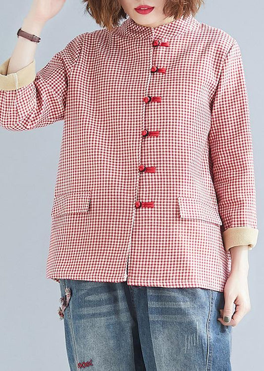 French red plaid cotton linen top silhouette Outfits stand collar pockets blouses - SooLinen