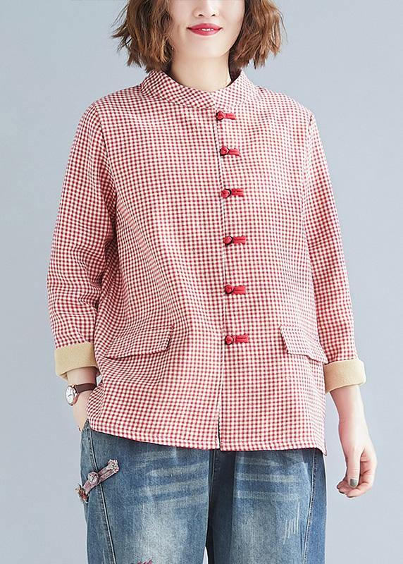 French red plaid cotton linen top silhouette Outfits stand collar pockets blouses - SooLinen