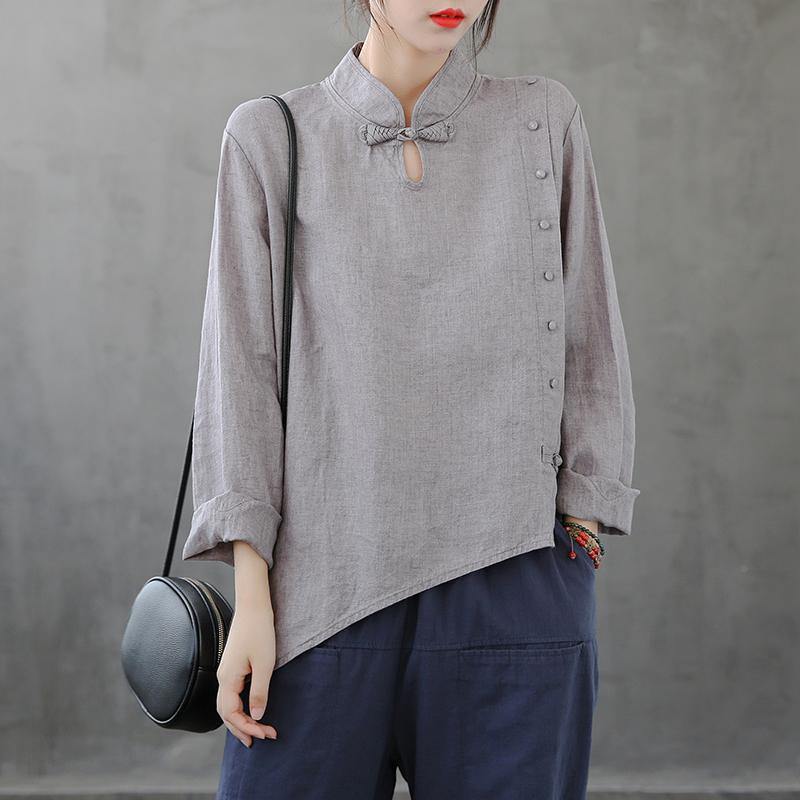 French stand collar asymmetric tops women Cotton gray shirts - SooLinen