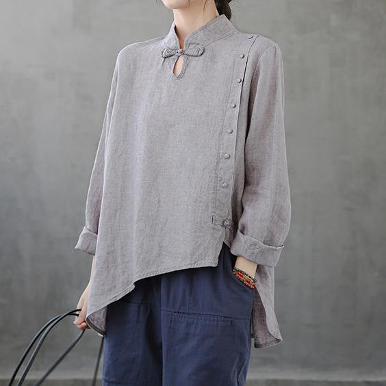 French stand collar asymmetric tops women Cotton gray shirts - SooLinen