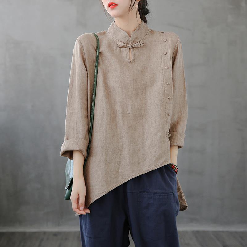 French stand collar asymmetric tops women Cotton gray shirts - SooLinen