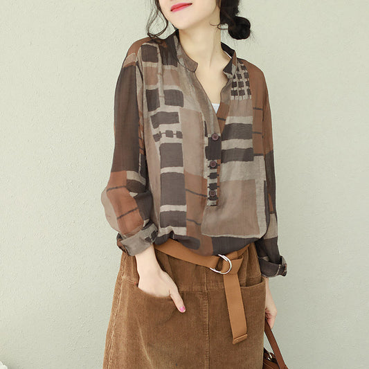 French V Neck Chiffon Shirts Women Women Photography Brown Plaid Box Shirt