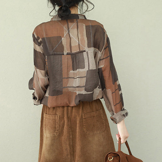 French V Neck Chiffon Shirts Women Women Photography Brown Plaid Box Shirt