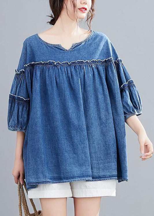 French v neck lantern sleeve cotton summer top Outfits denim blue shirts - SooLinen