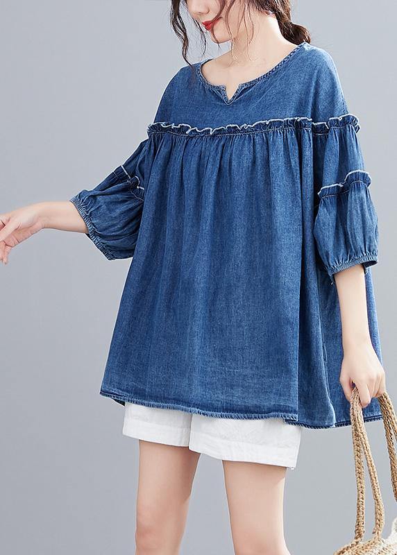 French v neck lantern sleeve cotton summer top Outfits denim blue shirts - SooLinen