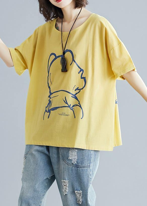 French yellow cotton clothes Cartoon print tunic summer shirts - SooLinen