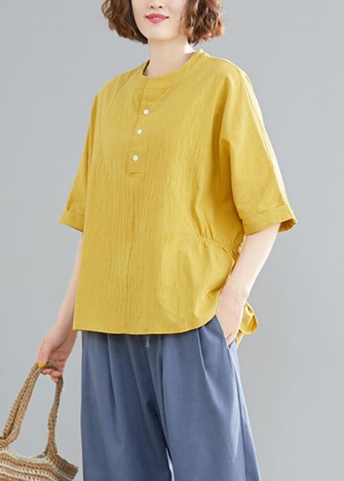 French yellow linen cotton linen tops women blouses Cotton Button Down elastic waist blouse - SooLinen