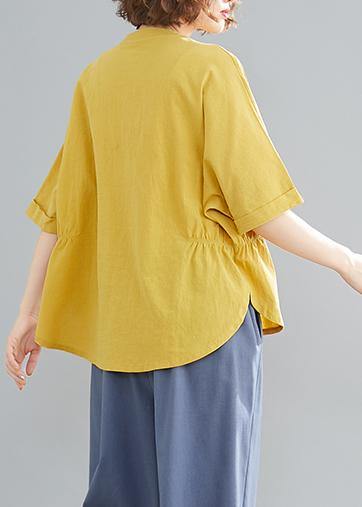 French yellow linen cotton linen tops women blouses Cotton Button Down elastic waist blouse - SooLinen