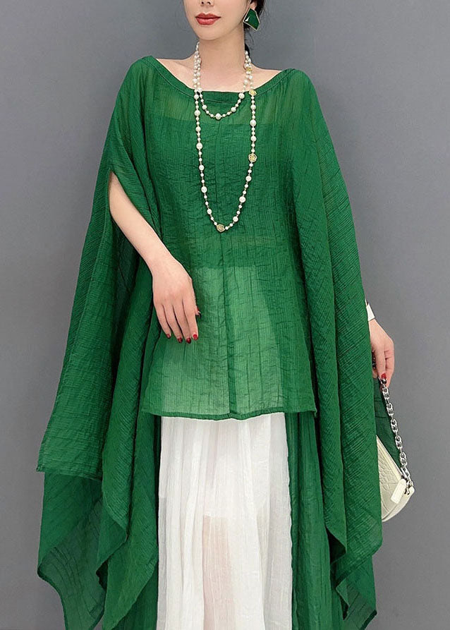 Green Asymmetrical Design Cotton Two Pieces Set Oversized Batwing Sleeve