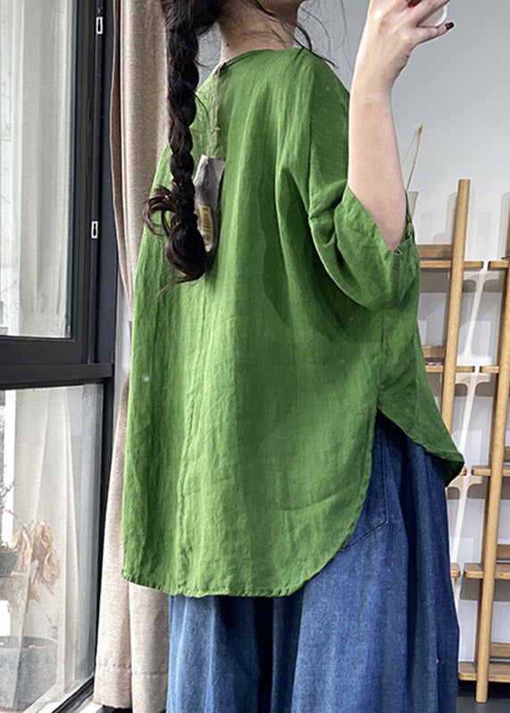 Green Button Side Open Linen Top Three Quarter Sleeve