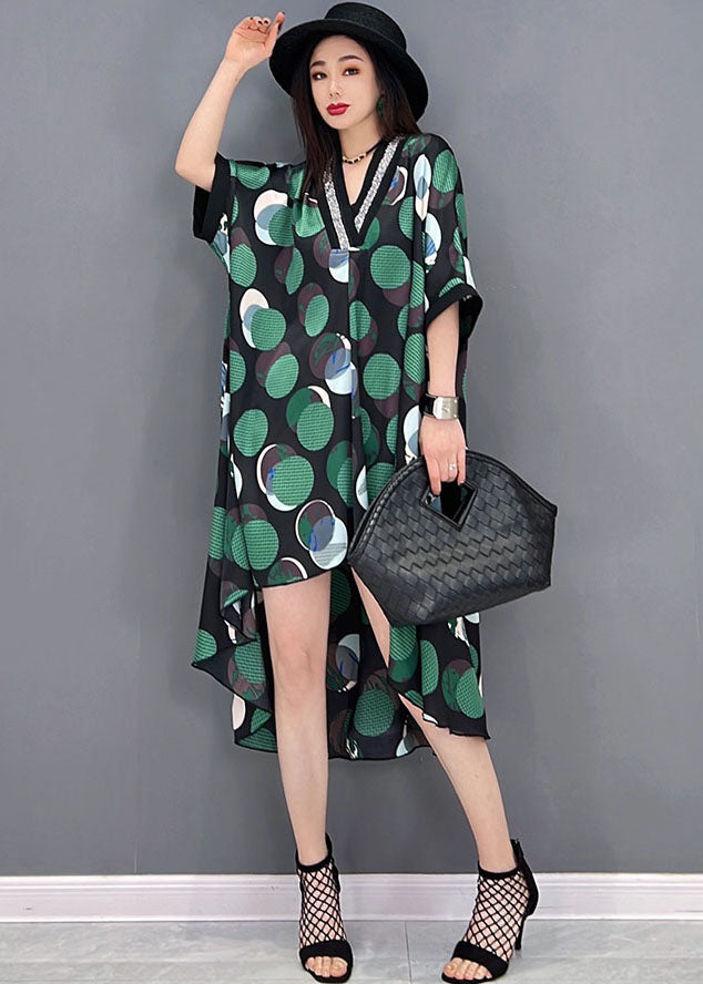 Green Dot Print Patchwork Chiffon Long Dresses Low High Design Short Sleeve