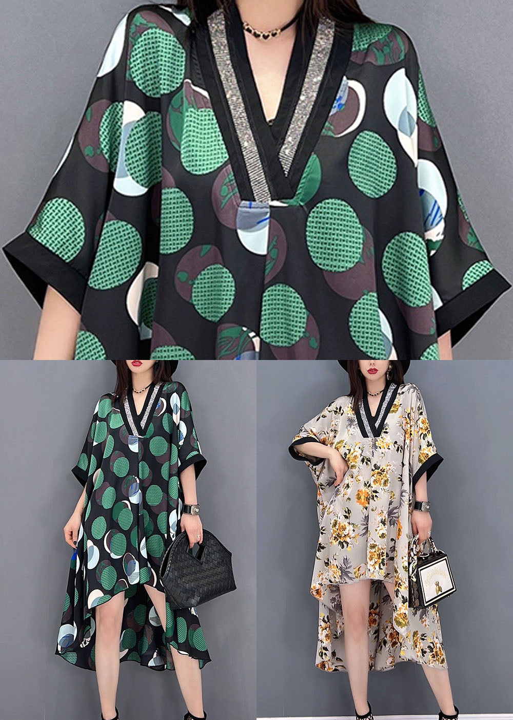 Green Dot Print Patchwork Chiffon Long Dresses Low High Design Short Sleeve