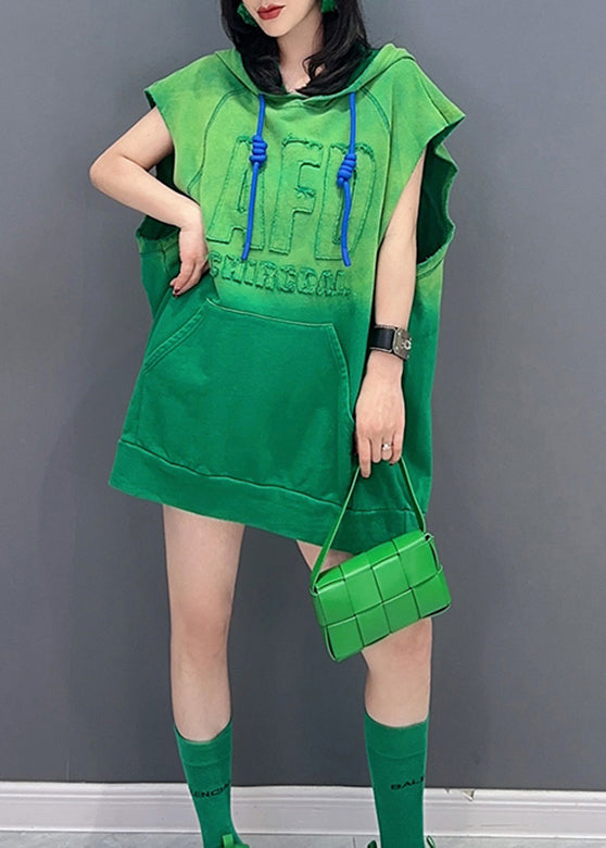 Green Drawstring Tie Waist Hooded Top Short Sleeved