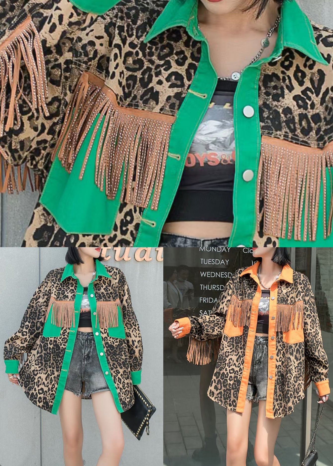 Green Leopard Patchwork Denim Coat Button Spring