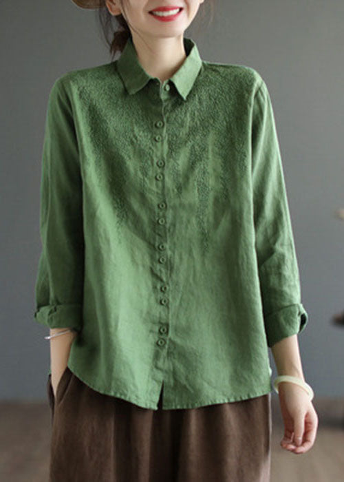 Top en lin surdimensionné vert Peter Pan Collar brodé printemps