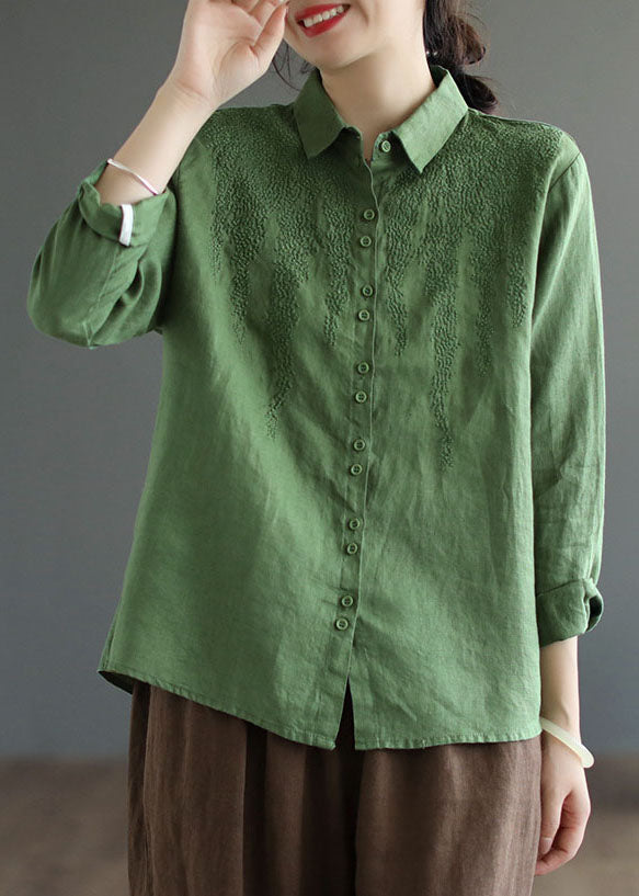 Top en lin surdimensionné vert Peter Pan Collar brodé printemps