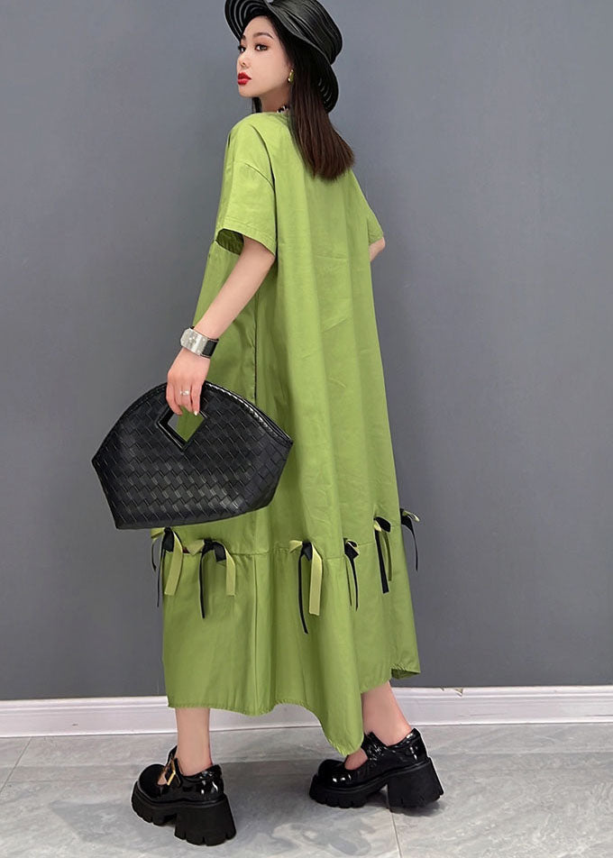 Green Patchwork Cotton Loose Dresses Solid Ruffles Short Sleeve