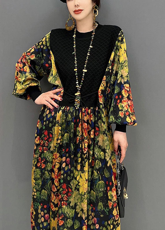 Green Patchwork Knit Chiffon Maxi Dress Exra Large Hem Lantern Sleeve