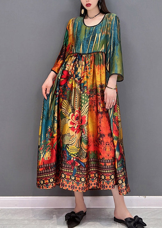 Green Patchwork Pockets Wrinkled Silk Dresses Long Sleeve