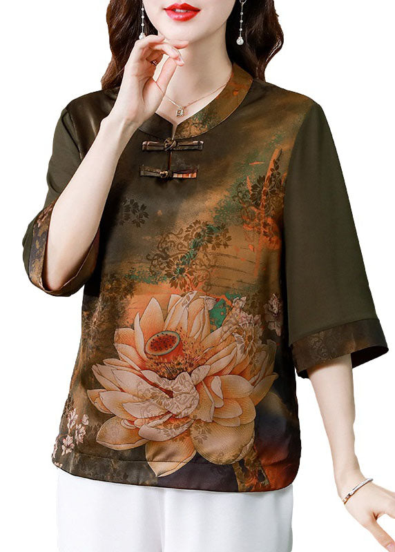 Green Patchwork Print Silk Shirt Oriental Bouton Summer