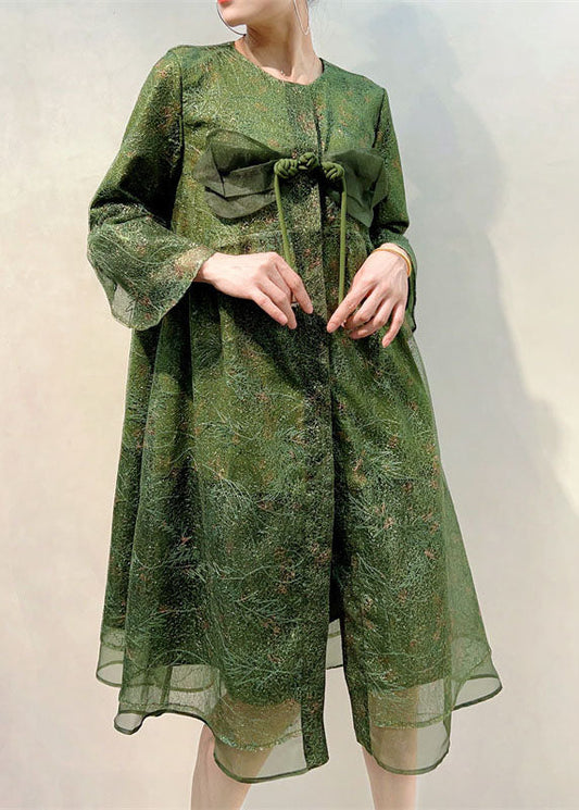 Green Patchwork Tulle Coats Broideried Chinois Button Summer