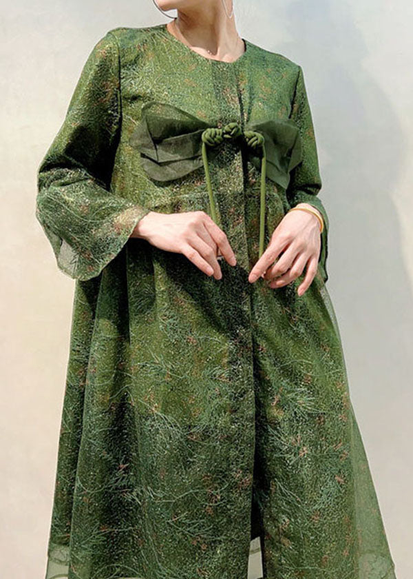 Green Patchwork Tulle Coats Broideried Chinois Button Summer