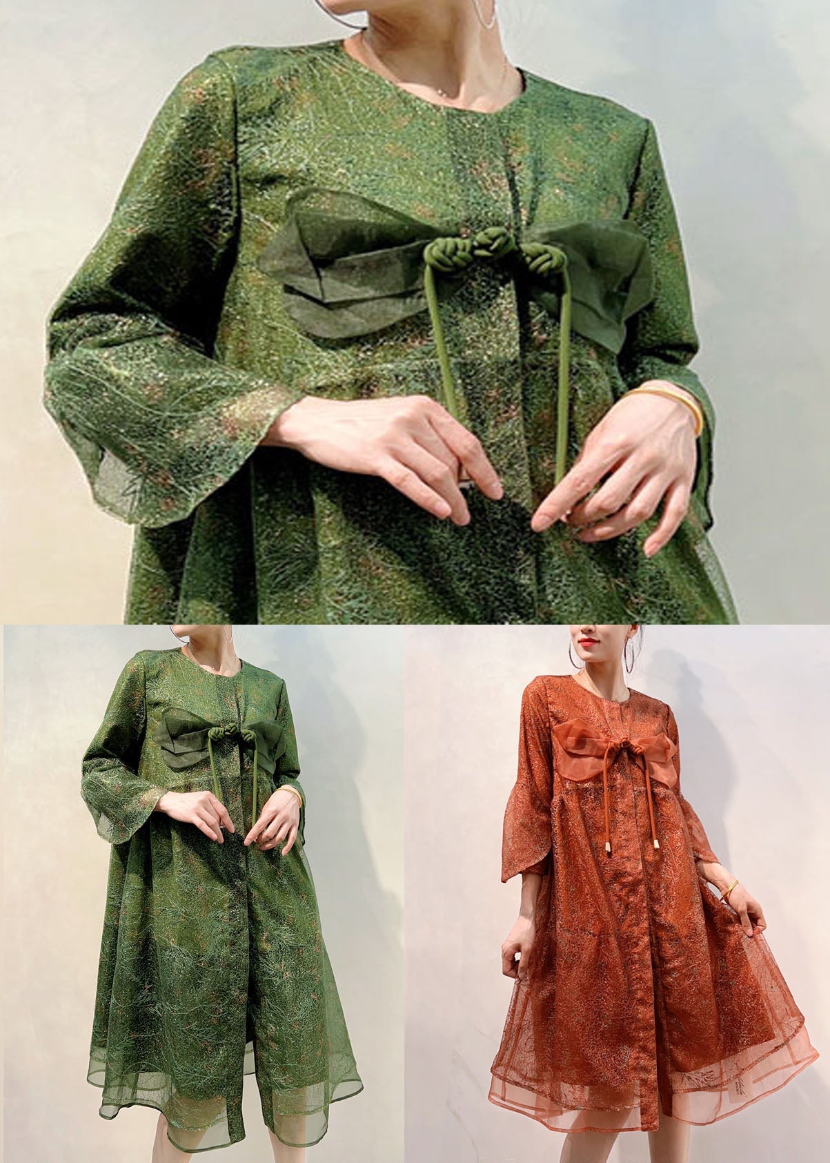 Green Patchwork Tulle Coats Broideried Chinois Button Summer