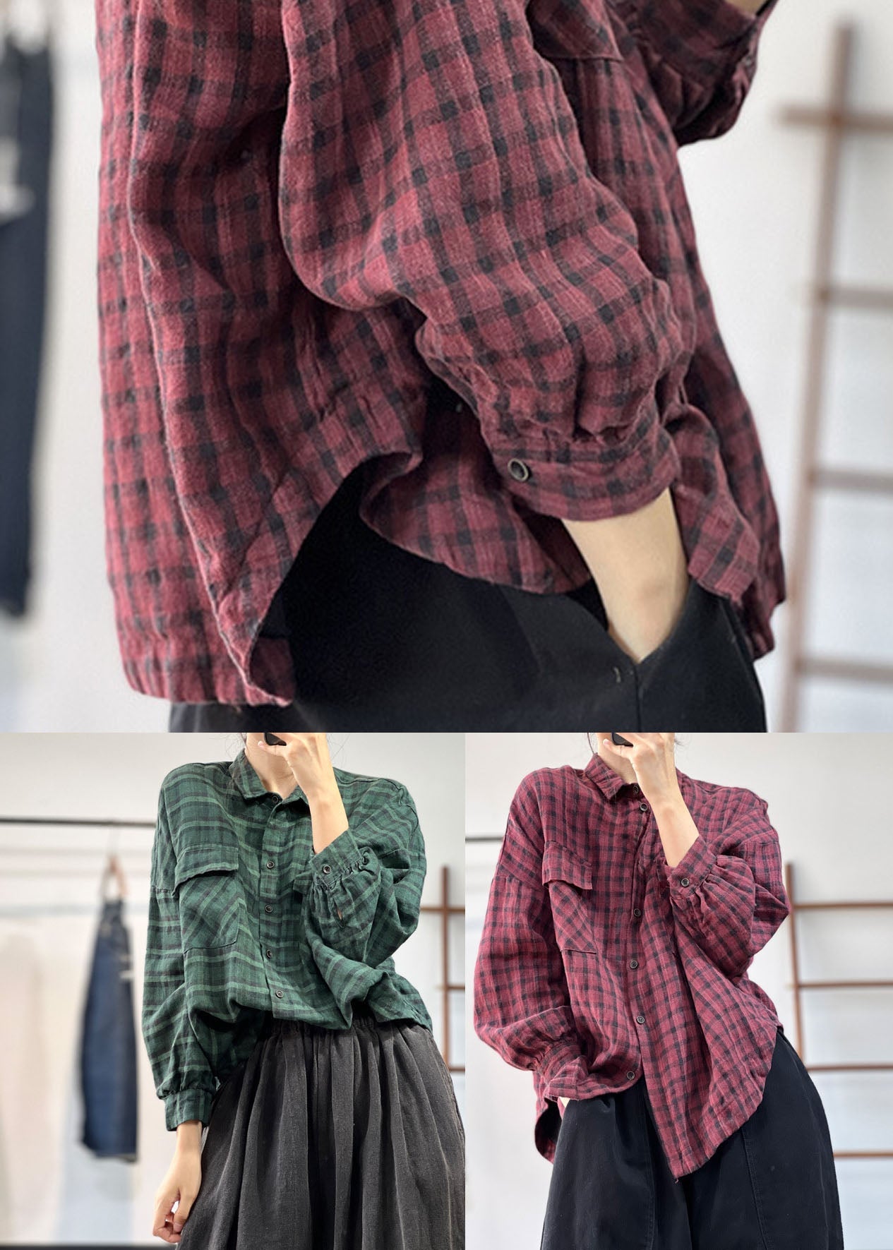 Green Plaid Linen Blouse Top Peter Pan Collar Fall